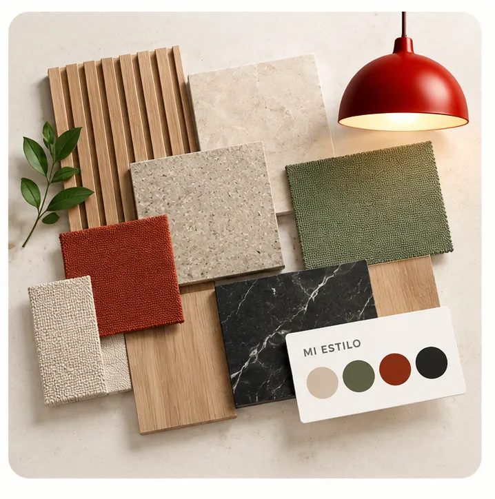 Muestras de madera, piedra y tejidos junto a una lámpara roja.
